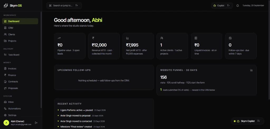 Skyrn OS, the studio platform Skyrn runs on itself